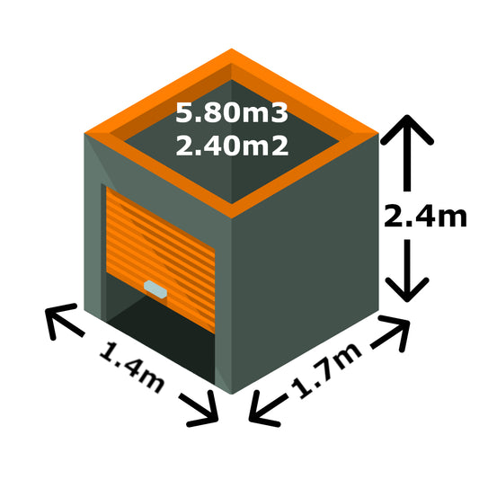 Storage Unit No. 14 - 5.8m3 / 2.4m2 [1.4m Wide x 1.7m Deep  x 2.4m High] - Per month
